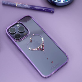 Луксозен твърд гръб оригинален KINGXBAR кристално прозрачен с камъни за Apple iPhone 14 Pro Max 6.7 сърце със лилав кант  